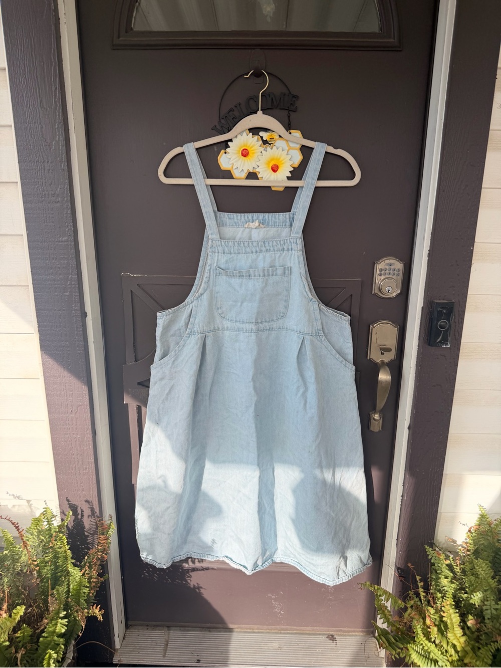 Light Blue Denim Midi Pinafore Dress - Women's Casual Overalls